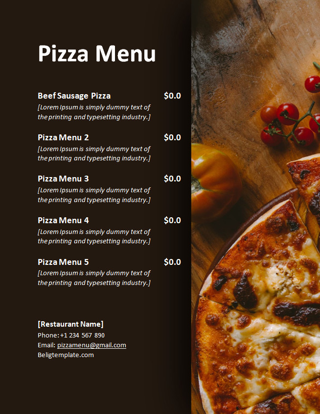 Modern pizza menu template with a clean design featuring a variety of pizzas and prices.