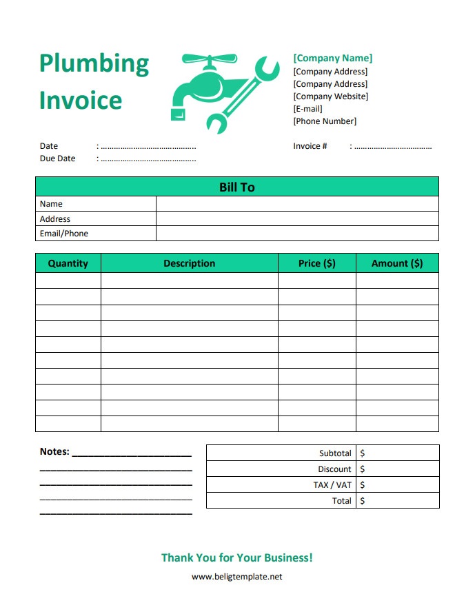 Free Printable Blank Simple Plumbing Invoice Template