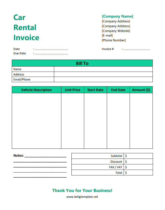 Professional rent-a-car invoice template with sections for customer information, vehicle details, rental period, and total charges.