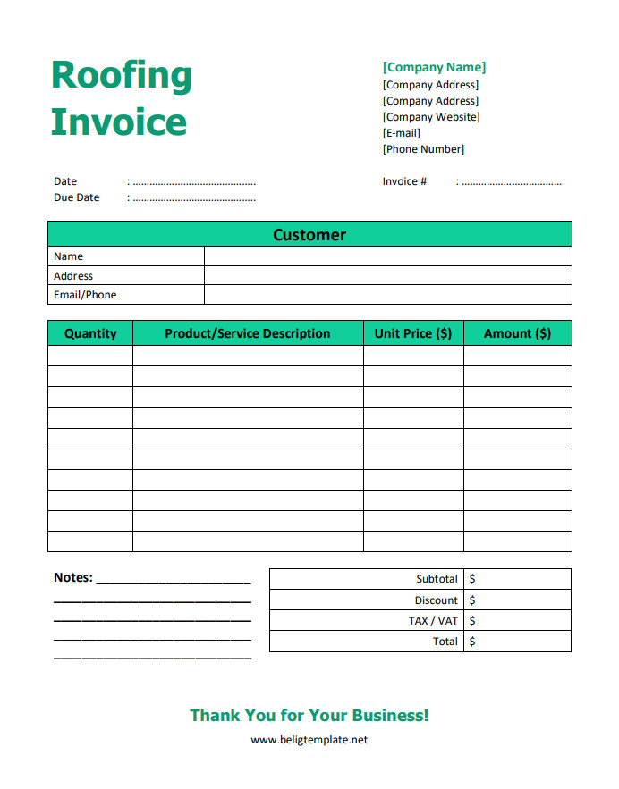 Professional roofing invoice template featuring itemized charges for labor, roofing materials, additional services, and payment terms.