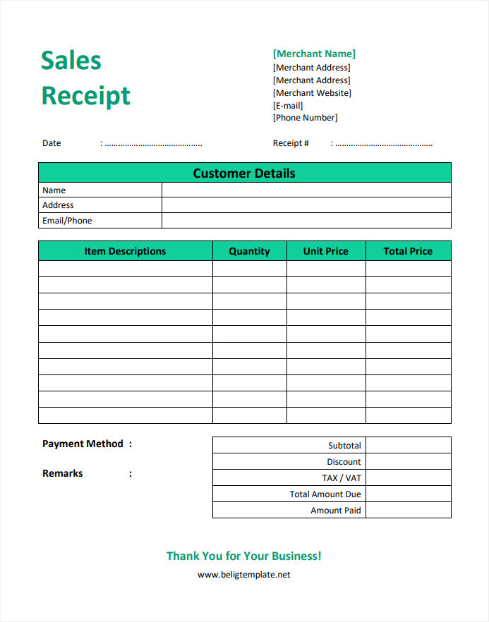 Professional sales receipt template featuring customer information and payment breakdown.