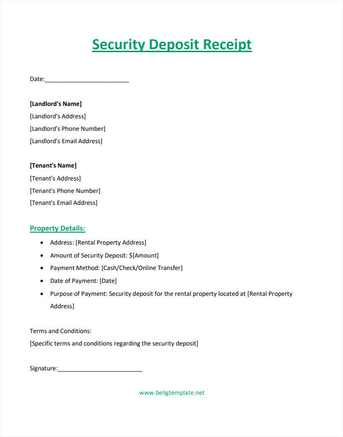 Customizable security deposit receipt template with payment details and property information.