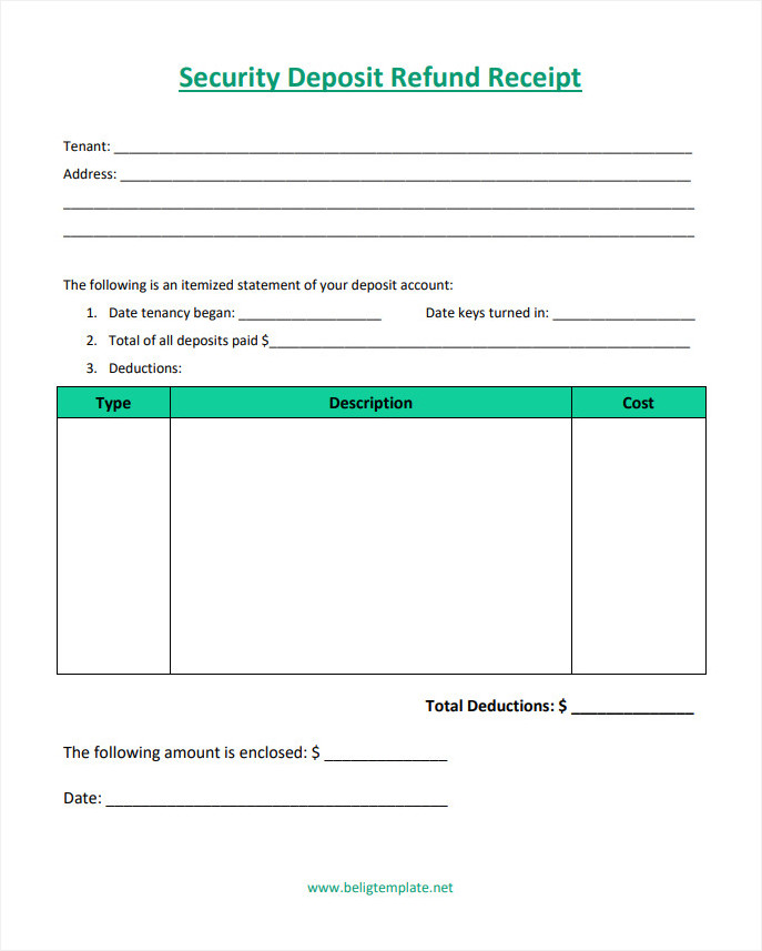 Customizable security deposit refund receipt template with tenant information and refund breakdown.