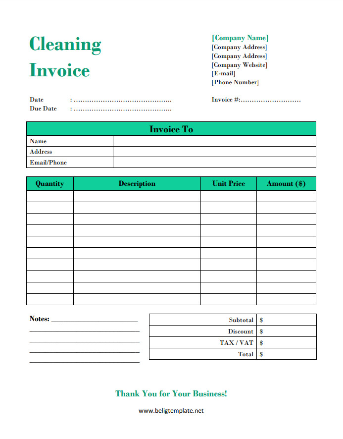 Professional invoice template for a self-employed cleaner with itemized list of cleaning services, rates, and billing information.