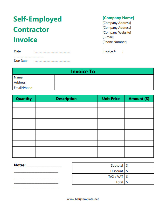 Professional invoice template for a self-employed contractor displaying itemized services, rates, and billing information..