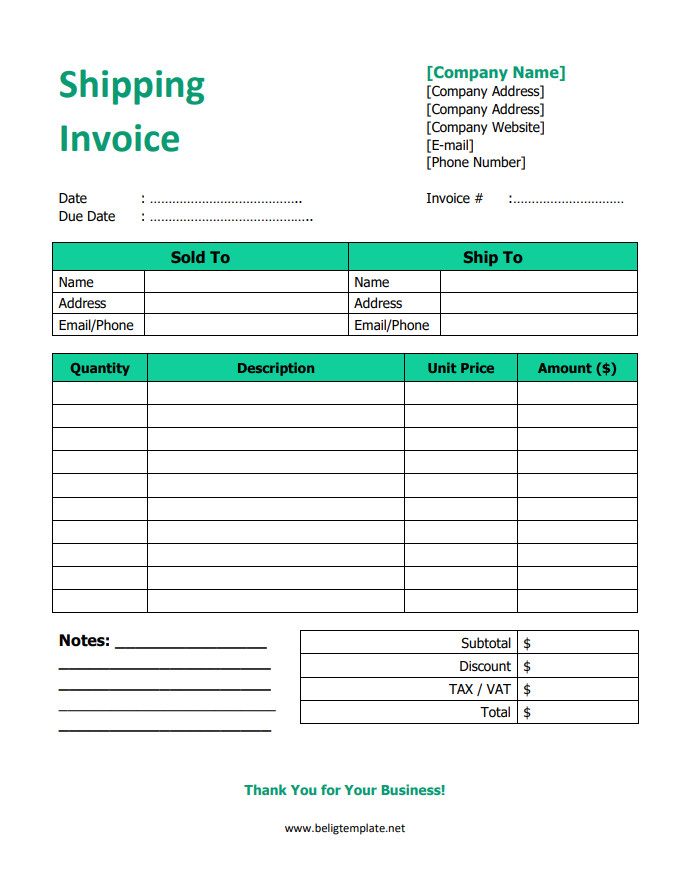 Professional shipping invoice template featuring sections for sender and recipient information, itemized charges, and shipping fees.