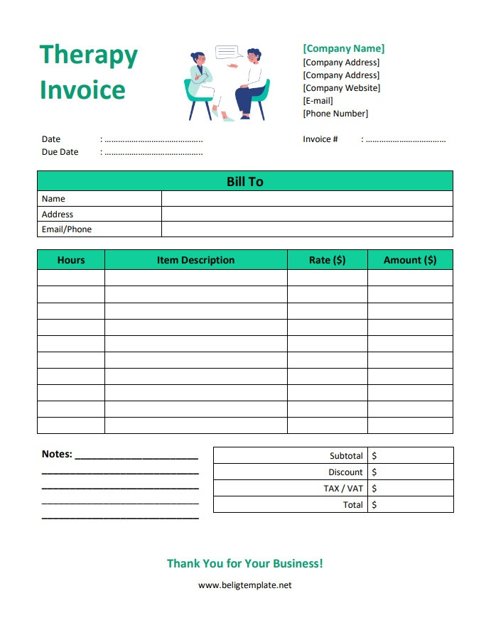 Customizable therapy invoice template for mental health professionals with itemized charges