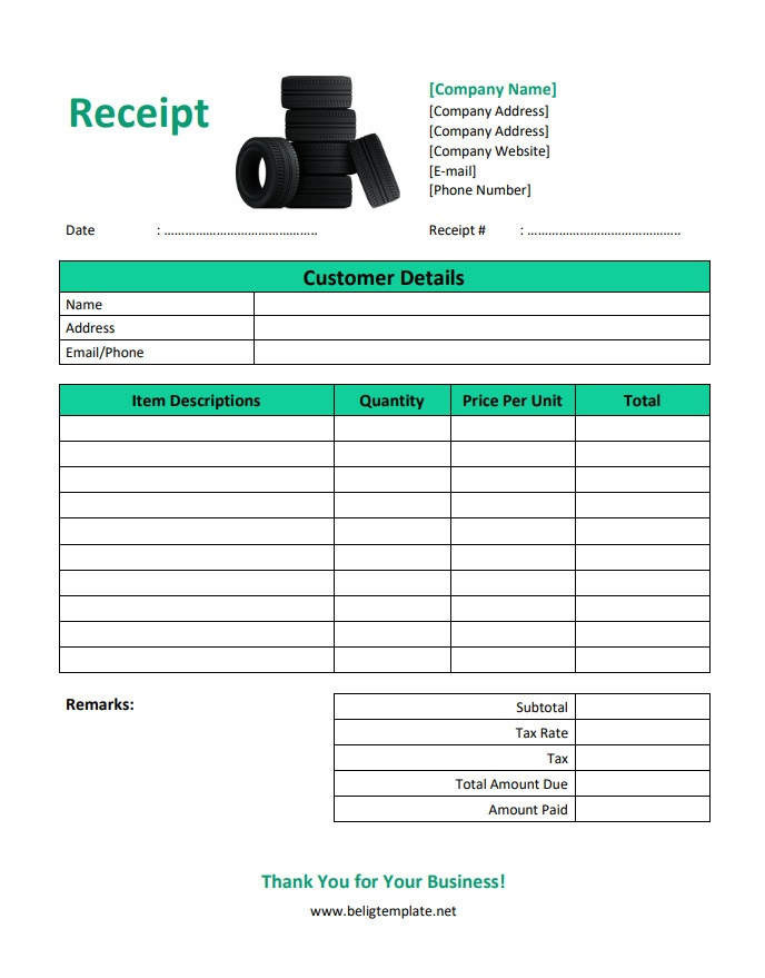 Customizable tire receipt template for automotive businesses with itemized charge.