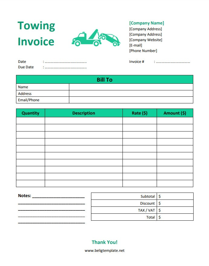 Customizable towing invoice template for towing companies with itemized charges