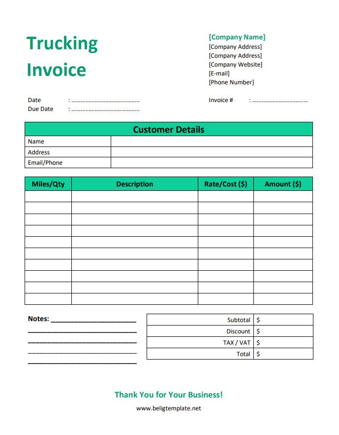 Professional trucking invoice template with clear fields for carrier information, invoice number, and itemized costs