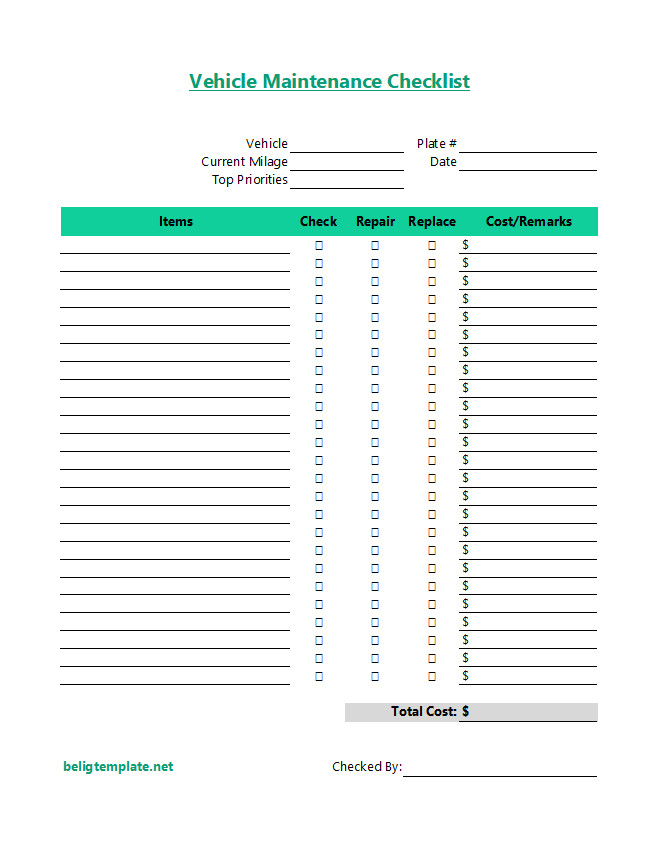 Printable vehicle maintenance checklist template featuring checkboxes for every vehicle items