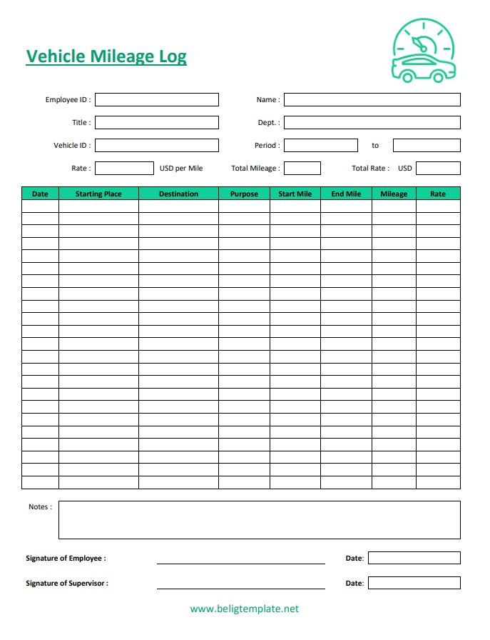 Vehicle mileage log sheet template featuring space for recording mileage, dates, and purposes of travel