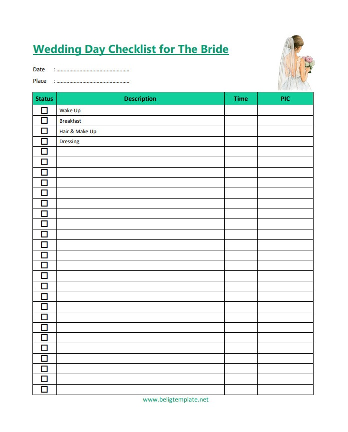 Professional wedding day checklist template with checkboxes for bridal essentials and last-minute details