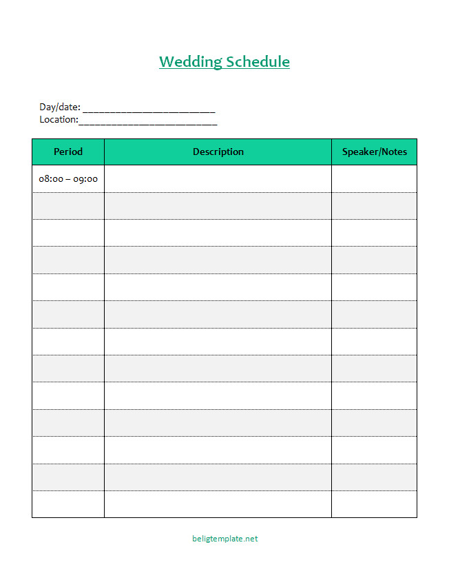 Wedding Event Schedule Template with timeline of ceremony, reception, and dinner.