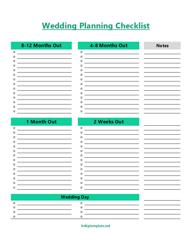 Printable Wedding Planning Checklist Template featuring a timeline of tasks from engagement to wedding day