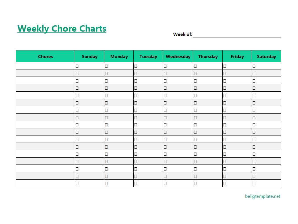 Printable Weekly Chore Chart Template featuring checkboxes and space for chore descriptions.