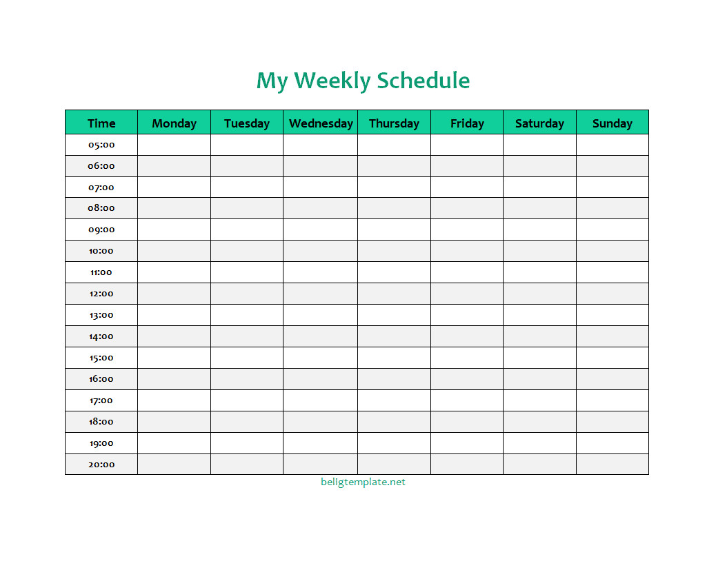 Weekly schedule template with hours, featuring a grid layout from Monday to Sunday and hourly time slots.